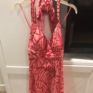 BCBG Coral and maroon floral print halter dress